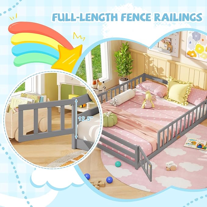 Giantex Queen Floor Bed with Door & Fence, Kids Wood Montessori Beds with Safety Guardrails, Floor Bed Twin for Kids, Boys, Girls, No Box Spring Needed, Grey