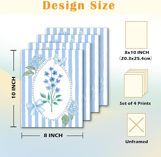 JINYO Blue Coquette Bow Floral Wall Art Prints Set of 4, Preppy Room Decor, Cottagecore Blue Wildflowers Hydrangea Botanical Posters Pictures Wall Decor for Girls Bedroom Home Dorm, 8x10 Unframed