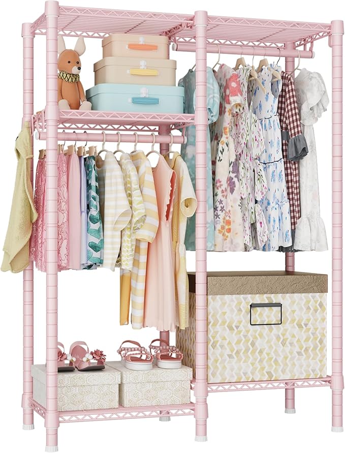 Ulif F1 Clothes Rack for Kids, Baby, Students, and Children's Room, 4 Tiers Portable Metal Closet Clothing Rack, Small Garment Rack with 2 Hanging Rod, 31.2" W x 11.8" D x 48" H, Pink