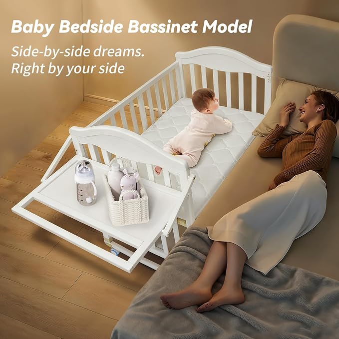Portable Mini Baby Crib - Cunas para Bebes with Changing Shelf and Mattress Included,2025 Wheeled Wood Baby Bassinet,Bassinet Bedside Co Sleeper for Small Room,White