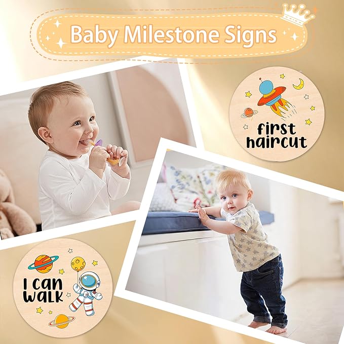 Baby Milestone Cards - Space Adventure Baby Monthly Milestone Signs, Rocket & Planet Wooden Signs Discs for Photo Props, "Hello" Newborn Announcement Sign with Astronaut,Baby Shower/Gift Set(13pcs)