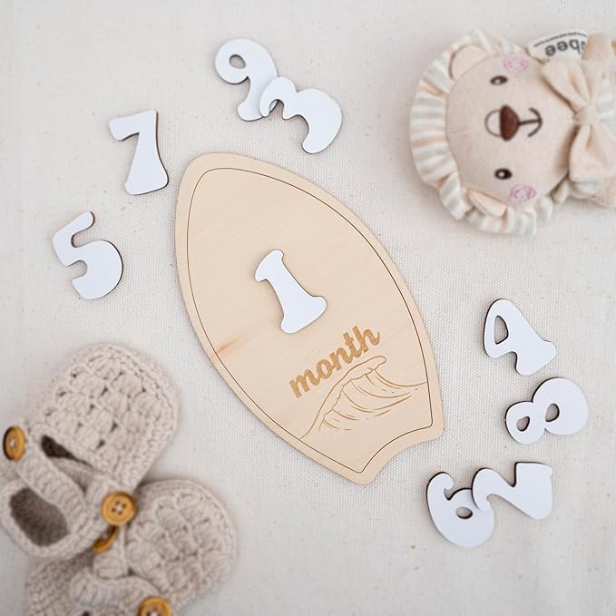 Wooden Surfboard Baby Monthly Milestone Sign, 1–12 Month Photo Prop Set, Beach Wave Design Neutral Nursery Decor, Newborn Growth Tracker Keepsake