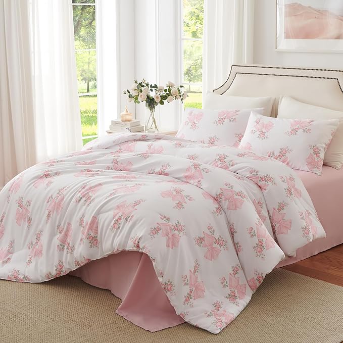 Nayoroom Pink Bow Comforter Set Full Size Pink Floral Bed Comforter for Girls 3 Pieces Soft Lightweight Kids Cute Coquette Bedding Set for All Seasons