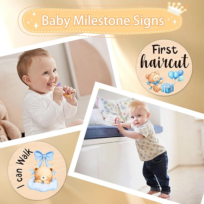 Baby Monthly Milestone Cards - 13 Double-Sided Wooden Milestone Signs Discs with Bear & Star Designs, Little Bears Birth Announcement Cards for Photo Props(0-12 Months), Newborn Sign Baby Shower/Gift