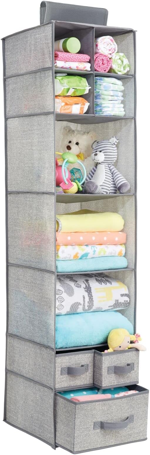 mDesign Fabric Hanging Organizer - Closet Rod Storage - 7 Shelves/3 Drawers for Baby Nursery Bedroom Organization - Hold Clothes, Linens, Toys, Accessories - Lido Collection - 2 Pack - Gray