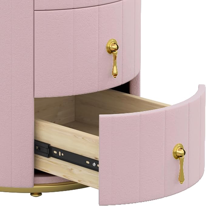 Bellemave Set of 2 Upholstered Nightstand with 3 Drawers, Two Round Bedside Tables with Metal Handles, Velvet End Tables, Marbling Stickers Top Nightstands (Pink)