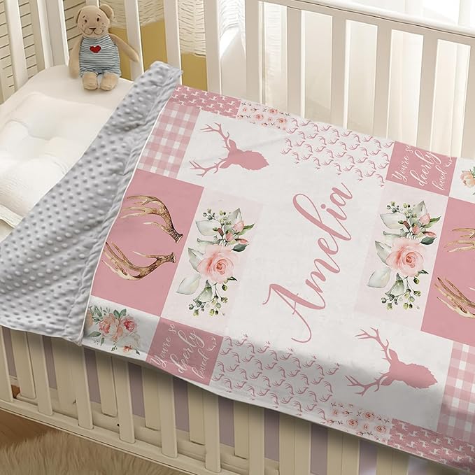 Personalized Baby Blanket with Name, Custom Pink Woodland Deer Blanket for Kids, Soft Flannel Bed Throw Blanket Swaddle for Newborn, Customizable Baby Gift & Nursery Blanket(30”x40)