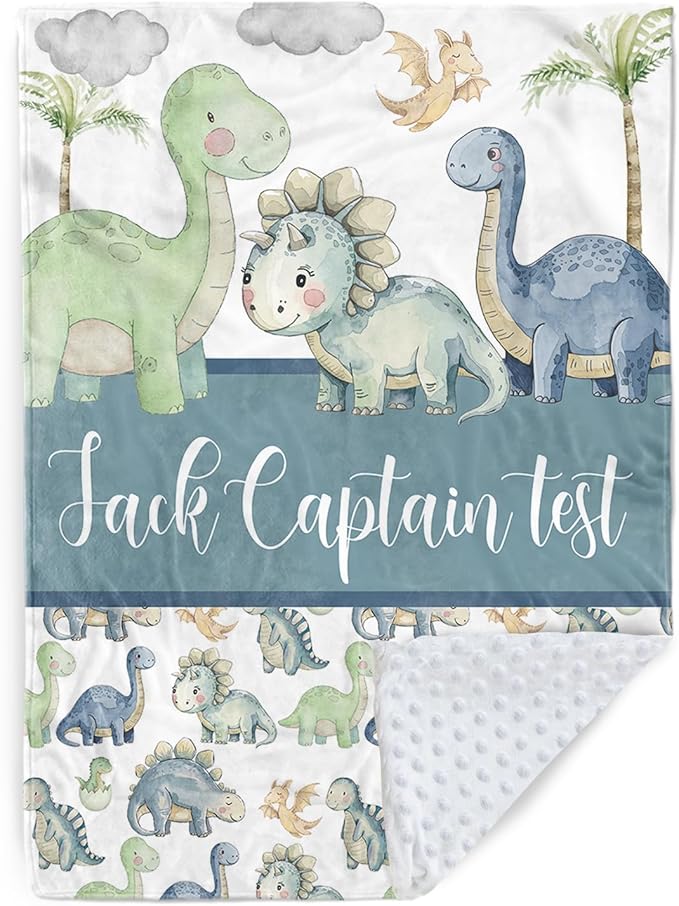 Personalized Baby Name Blanket for Boy Girl, Soft Flannel Blanket with Double Layer Dotted Backing for Newborn, Nursery Crib with Green Dinosaur Design, Baby Blanket Customized Gifts(60" x80)
