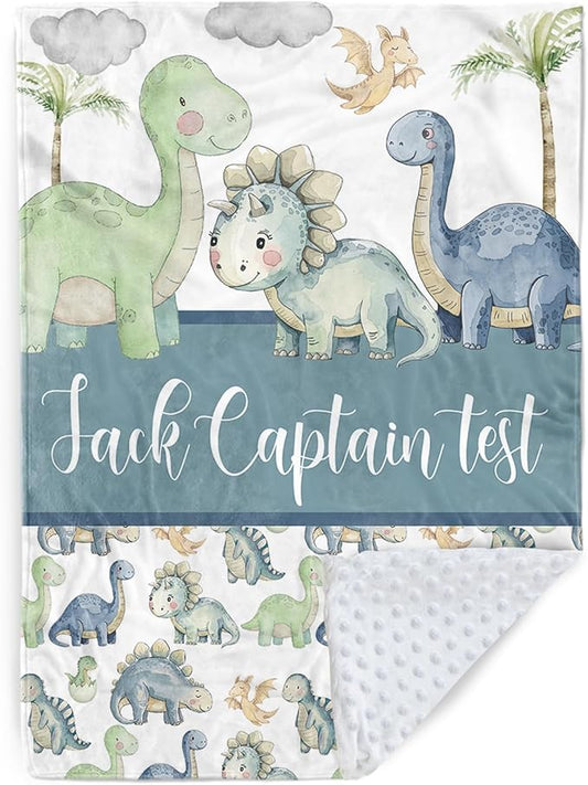 Personalized Baby Name Blanket for Boy Girl, Soft Flannel Blanket with Double Layer Dotted Backing for Newborn, Nursery Crib with Green Dinosaur Design, Baby Blanket Customized Gifts(60" x80)