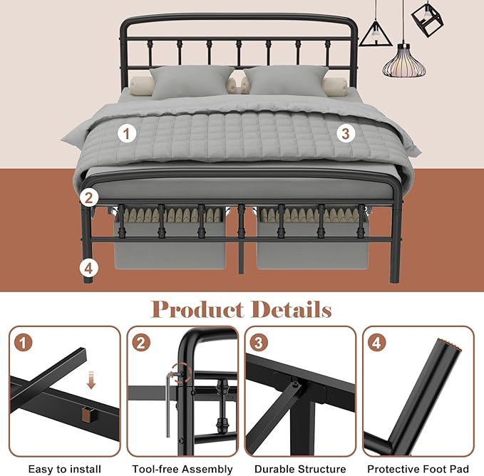 Metal Full Size Bed Frames with Headboard, 1500 Lbs Heavy Duty Bed Frames Noise-Free Design & 12" Underbed Storage,No Box Spring Needed/Tool-Free 30 Mins Assembly
