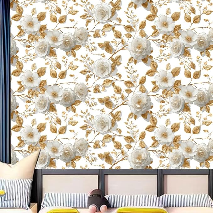 Gold Leaf Flower PVC Wallpaper Sticker 39.37x15.75 Inch White Blossom and Branch Pattern Self Adhesive Decorative Wall Decal for Living Room Bedroom Luxury Home Decor