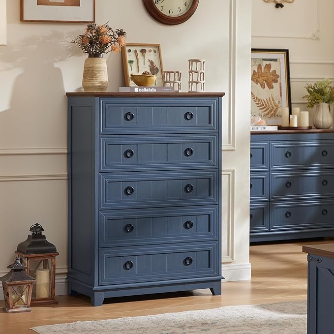 Farmhouse 5 Drawer Dresser for Bedroom Set of 2, 42" Tall Small Dressers & Chest of Drawers, Rustic Wood Dresser with Metal Handle, Storage Organizer Closet for Living Room, Hallway,Entryway