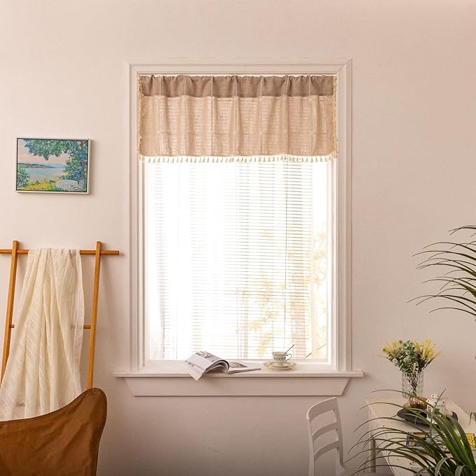 Deeprove Boho Curtain Valance 18 Inches Length Bohemian Lattice Gingham Textured Embroidery Plaids, Vintage Chic Tassels Antique Decor Drapes Rod Pocket, 1 Panel W52 x L18, Natural Linen