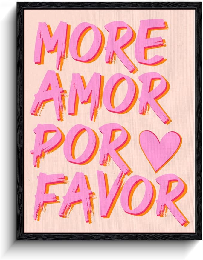 Spanish Love Wall Art, more love message, bright pop wall decor, matte finish framed canvas print, love poster artwork, for bedroom dorm couples gift, 12x15 inch