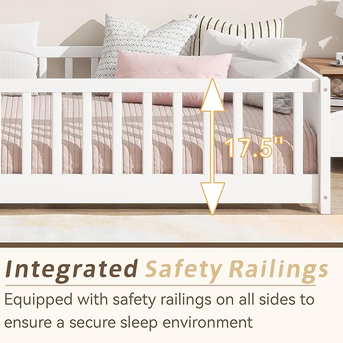 Twin Toddler Floor Bed with High Rails, Wooden Montessori Bed Frame with Door & Built-in Book Rack, Twin Size Bed Frame for Kids, Boys and Girls, White