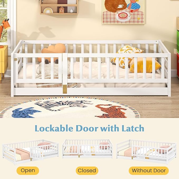 Giantex Twin Floor Bed with High Fence & Door, Montessori Floor Bed with 21.5" Safety Guardrails, Solid Wood Twin Beds Frame for Kids Girls, Boys, Without Slats, White