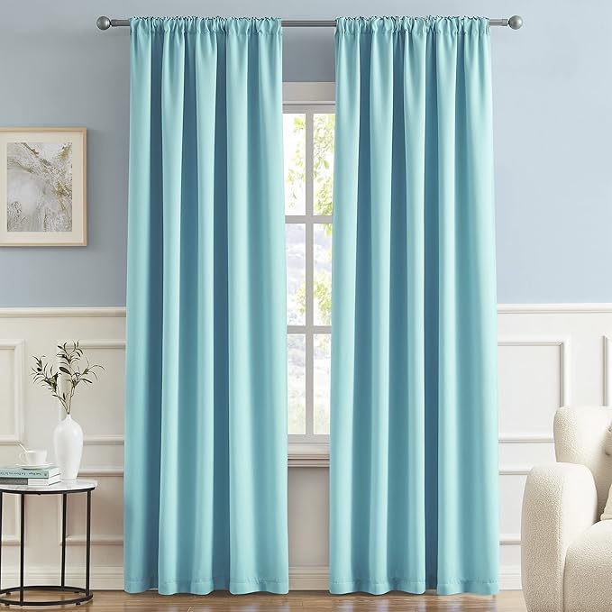 DUALIFE Aqua Color Kids Curtains for Bedroom Ocean Coastal Decor Rod Pocket Back Tab Window Treatment Panels Room Darkening Drapes for Living Room 52 x 84 Inch, Aqua Blue, 2 Panels Set