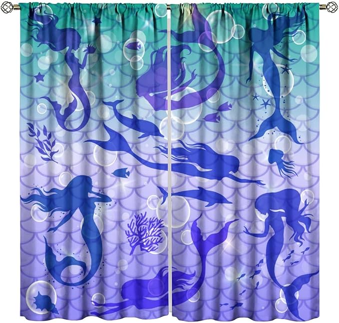 Mermaid Kids Girls Curtains Fantasy Mermaid Silhouette Ocean Theme Beautiful Blackout Window Treatment for Girls Bedroom Nursery Room Decor Rod Pocket Window Drapes 63" W X 72" L