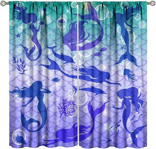 Mermaid Kids Girls Curtains Fantasy Mermaid Silhouette Ocean Theme Beautiful Blackout Window Treatment for Girls Bedroom Nursery Room Decor Rod Pocket Window Drapes 42" W X 45" L