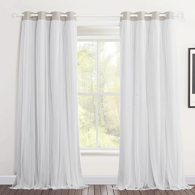 PONY DANCE Double-Layered Curtains - White Sheer Solid Blackout Curtains 72 Inch Length Elegant Grommet Panels for Living Room/Sliding Glass Door (W52xL72, Cream, One Pair)