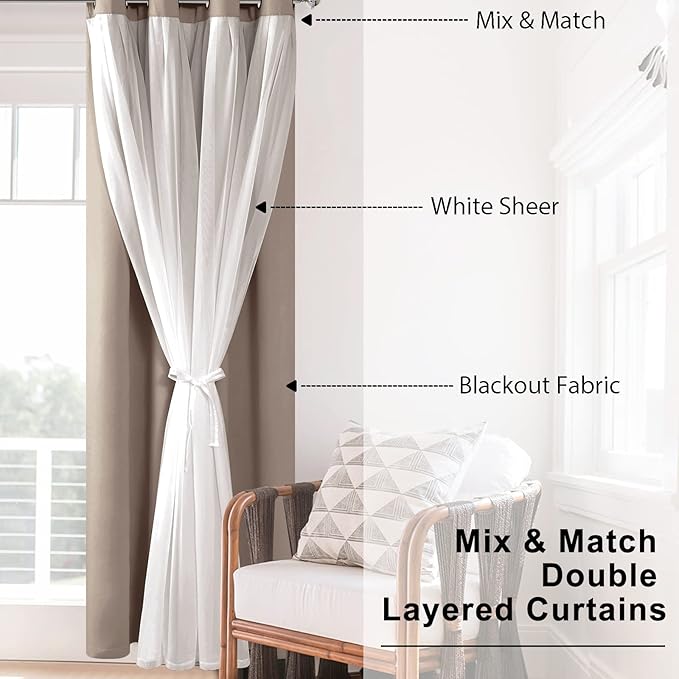 Hiasan Camel Blackout Curtains with Sheer Overlay, Grommet Thermal Insulated Privacy Mix & Match Double Layer Room Darkneing Curtains for Bedroom, Living Room, 2 Window Panels with Tiebacks, 52W X 84L