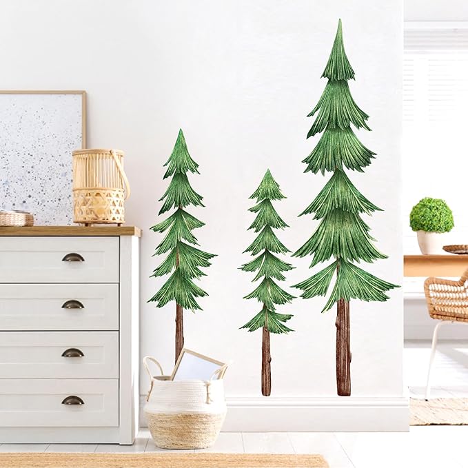 Large Pine Tree Wall Decals Peel and Stick Watercolor Extra Large Tree Wall Decal Forest Nature Green Tree Wall Stickers Giant Pine Tree Wall Decals for Nursery Kids Room Decor