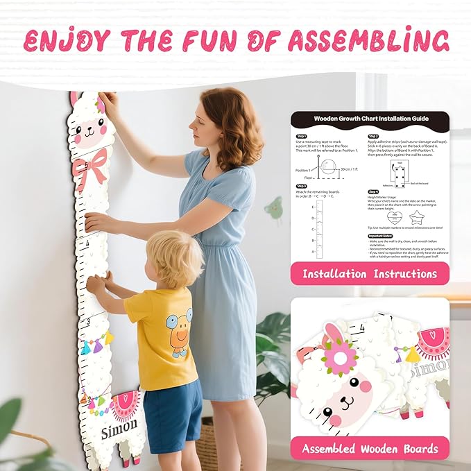 Personalized Child Growth Charts, Alpaca Wooden Kids Height Wall Chart, Height Measurement for Wall Kids Room Nursery Decor