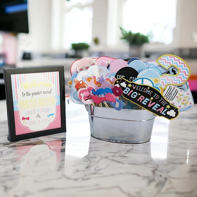 Gender Reveal Photo Booth Props - 41-pc Photobooth Kit with 8 x 10-Inch Sign, 60 Adhesive Pads, 45 Sticks - Baby Gender Reveal Party Supplies for Backdrop