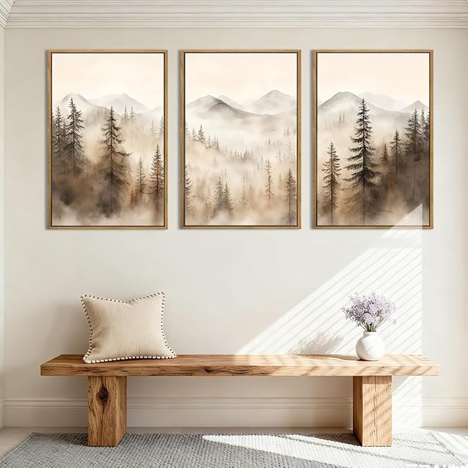 IARTTOP Extra Large Mountain Canvas Wall Art 24x36 Inch Framed Forest Woodland Art Prints Abstract Modern Farmhouse Wall Decor Set of 3 for Living room Dining room Bedroom
