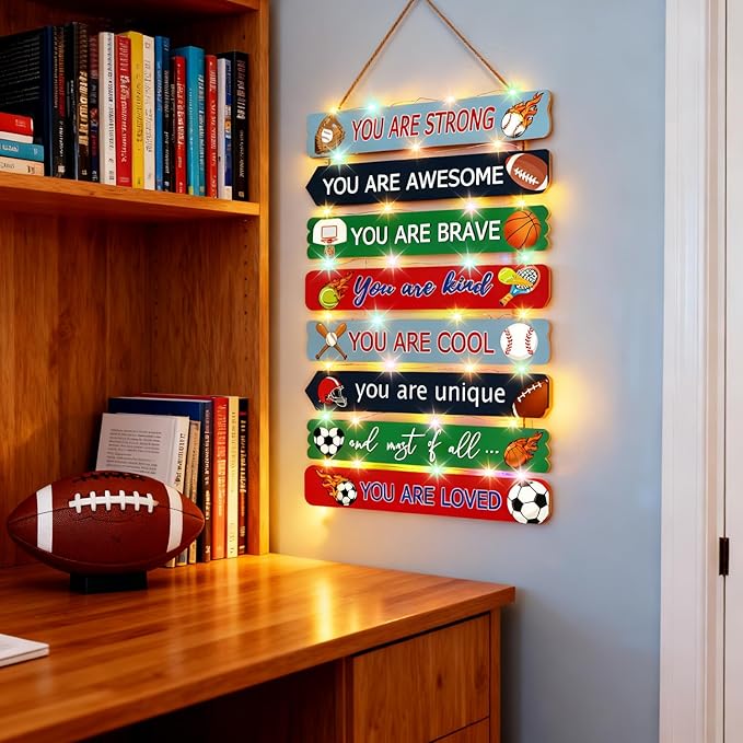 Cool Classic Sport Balls Sign Nursery Wall Decor Set of 8 With LED Lights, 16x5 Modern Motivational Cute Ball Plaque Wall Art for Baby Boy Kid Teen Toddlers, 4 PCS Wooden Quote Gift for Gameroom Gym