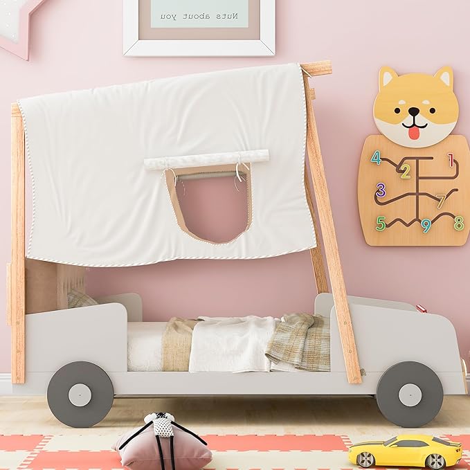 Twin Size Car Bed with Pillow & Car Headlights Shaped LED Light,Wood Kid Bed Frame W/Ceiling Cloth & Magazine Holder,Toy Bedroom Furniture for Boys Toddlers Child,Natural