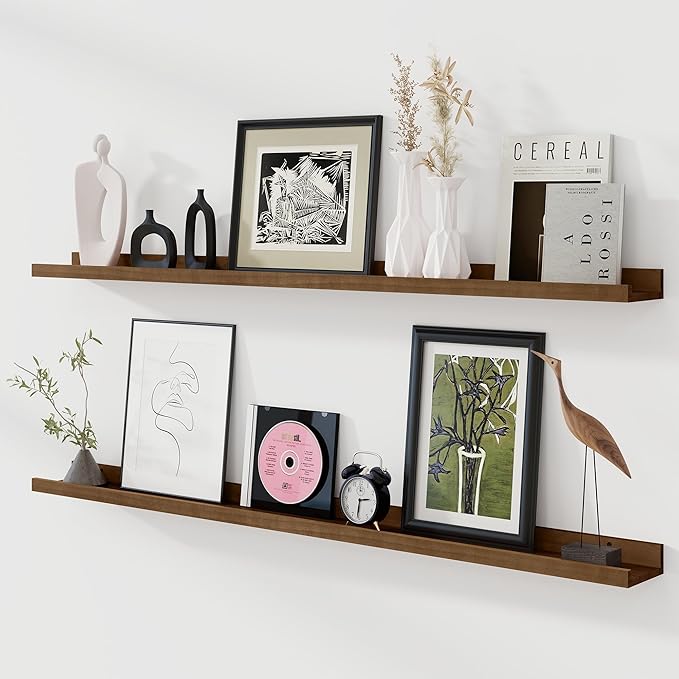 Fun Memories Picture Ledge Shelf, Pine Wood Floating Shelves Set of 2, 55 inch Nursery Book Shelves, Photo Ledge Book Shelves Wall Mounted for Living Room Kids' Room Bedroom - Walnut