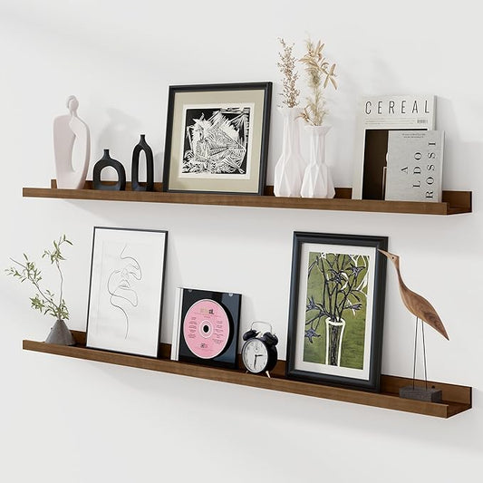 Fun Memories Picture Ledge Shelf, Pine Wood Floating Shelves Set of 2, 55 inch Nursery Book Shelves, Photo Ledge Book Shelves Wall Mounted for Living Room Kids' Room Bedroom - Walnut