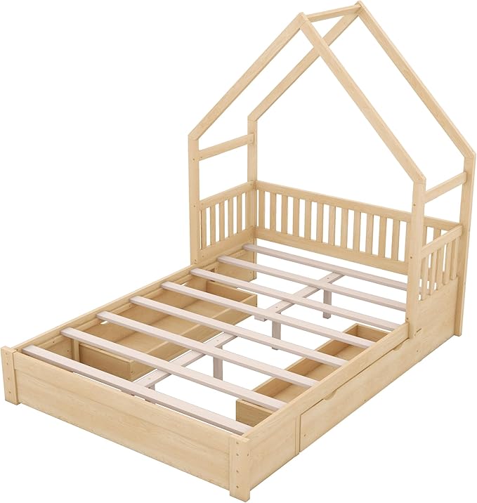 Wood Queen Size House Platform Bed with Safety Fence, Montessori Platform Bed with House Shape Headboard and 2 Drawers for Kids Boys Girls, Sturdy Slats Support (Natural-Q)