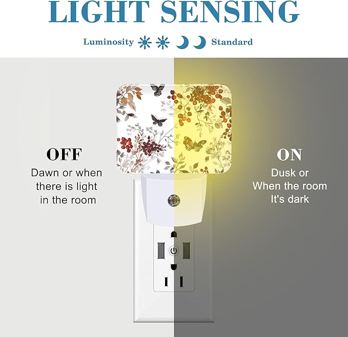 Vintage Wildflower Plants Night Light Plug into Wall, Butterfly Night Light with Dusk to Dawn Sensor for Kid Girls Boys Women Men Room, Hallway, Kitchen, Bathroom, Stairs Decor