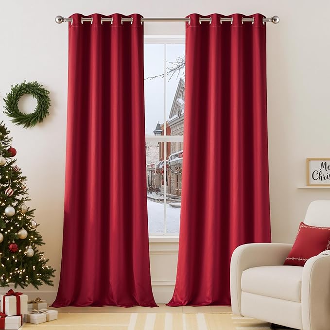 NICETOWN 100% Blackout Cold Blocking Curtains with Black Liner Backing, Thermal Insulated Satin Curtains for Living Room, Noise Reducing Drapes, Christmas Red, 52" x 84" Per Panel, Set of 2