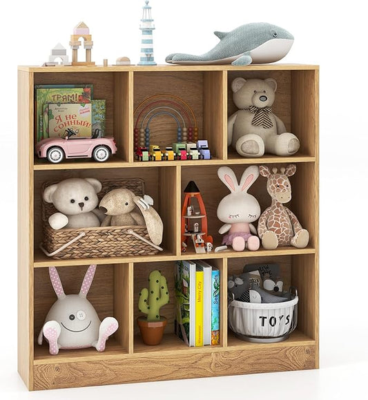 Costzon 8-Cube Bookshelf for Kids, Wooden Toy Storage Organizer w/ 2 Anti-Toppling Kits, 3 Tier Open Shelves & Non-Slip Foot Pads, Montessori Toy Shelf for Kids Rooms, Playroom, Classroom, Nursery