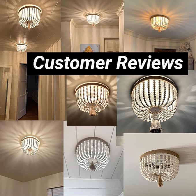VILUXY Bohemia Wood Beaded Flush Mount Ceiling Light Antique Rustic Mini Round Chandelier White for Bedroom Kitchen Island Girl Room Entryway 3-Light
