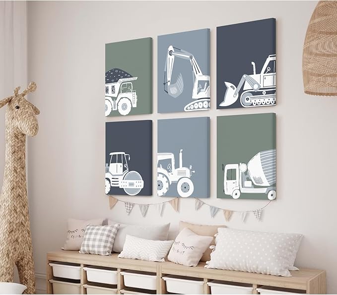 Construction Truck Wall Art Nursery Canvas Wall Decor Boys Room Wall Art Kids Car Posters Toddler Prints Nursery Artwork Excavator Tractor Pictures for Playroom Bedroom 8x10x6 Inch Framed