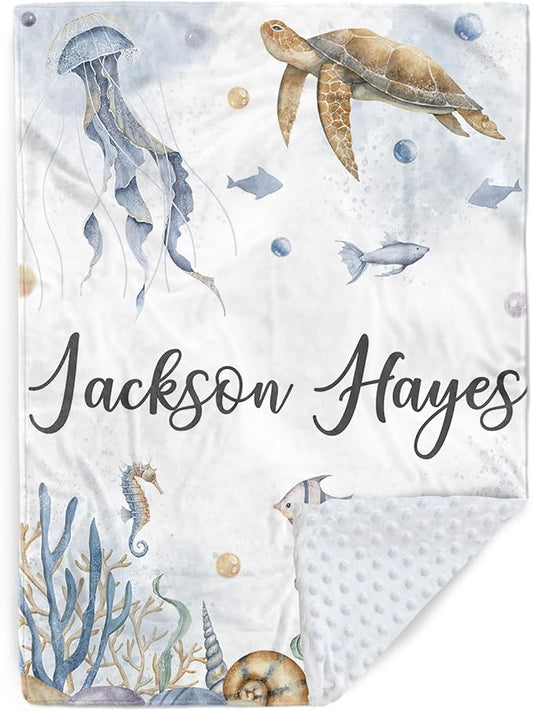 Personalized Baby Blanket with Name, Customized Baby Blanket for Kids Newborns, Soft Flannel with Double Layer Dotted Backing, Customized Gifts for Baby Shower Birthday, Sea Turtle(60" x80)