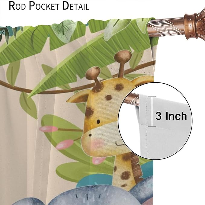 Jungle Animals Curtains Colorful Forest Cartoon Wildlife Lion Giraffe Elephant for Kids Boys Girls Nursery Bedroom Living Room Blackout Rod Pocket Decoration Window Drapes 2 Panels W36xL63in