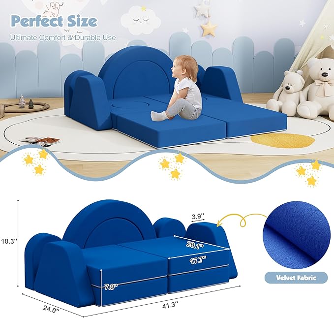 12 PCS Modular Kids Play Block Couch Child Sectional Sofa Toddler Building Fortplay Bedroom Playroom Baby Convertible Floor Foam Cushion for Boys & Girls (Blue-Double)