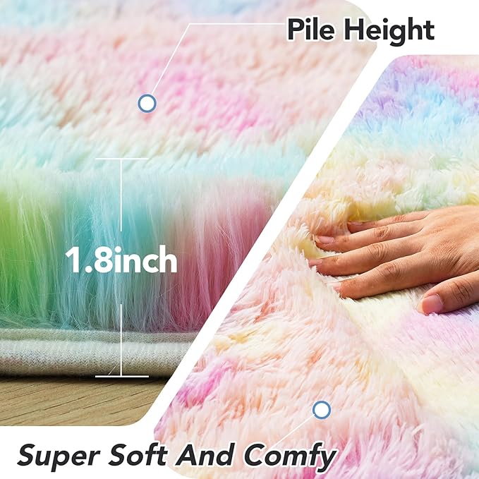 Round 4x4ft Fluffy Rainbow Rug: Ultra Soft Furry Girls Bedroom Carpet- Colorful Oval Plush Shag Nursery Rug for Girls Room & Kids Room, Cute Home Decor