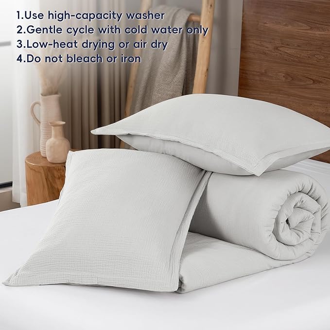 PHF Cotton Muslin Comforter Set Queen Size, Ultra Soft, Breathable & Lightweight All-Season Bedding, Filling: 100% Polyester, 3 Pieces with 1 Comforter 90"x90" and 2 Pillow Shams 20"x26", Light Grey