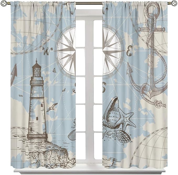 Nautical Costal Curtains, Compass Lighthouse Anchor Sailboat Pattern Blackout Print Home Bedroom Living Room Window Treatments 2 Panel Set 84x84 Inch