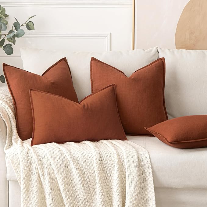 MIULEE Decorative Linen Pillow Covers 16x16 Inch Rust Boho Farmhouse Neutral Couch Throw Pillows for Bed Pack of 2 Accent Modern Pillowcase Summer Sofa Livingroom Home Decor