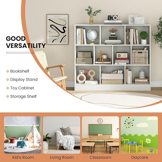 Costzon 10-Cube Bookshelf for Kids, Wooden Toy Storage Organizer w/ 2 Anti-Toppling Kits, 3 Tier Open Shelves & Non-Slip Foot Pads, Montessori Toy Shelf for Kids Rooms, Playroom, Classroom, Nursery