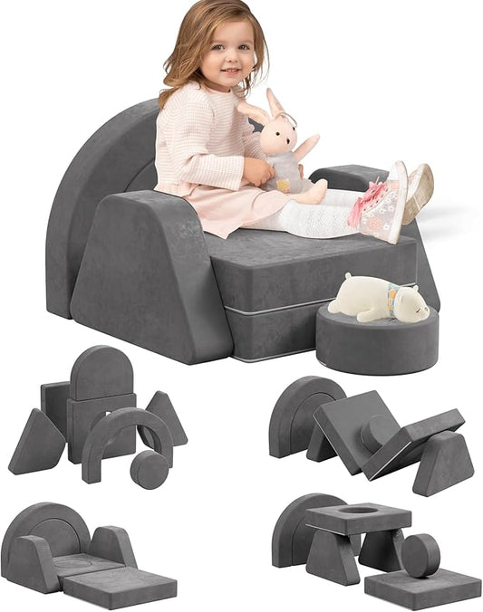 7 PCS Modular Kids Play Block Couch Child Sectional Sofa Toddler Building Fortplay Bedroom Playroom Baby Convertible Floor Foam Cushion for Boys & Girls (Dark Gray-Single)