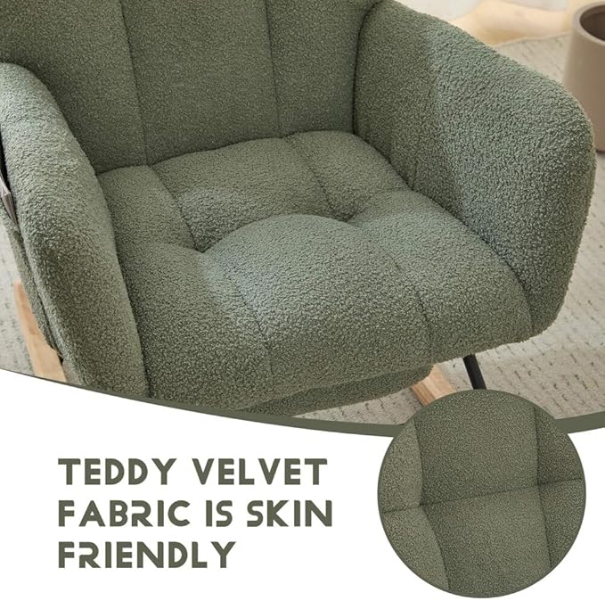 Nursery Rocking Chair Teddy Upholstered Glider Rocker with Footrest Accent Chair with High Backrest Armchair Comfy Side Pocket Chair for Living Room, Bedroom, Offices (Large Green)