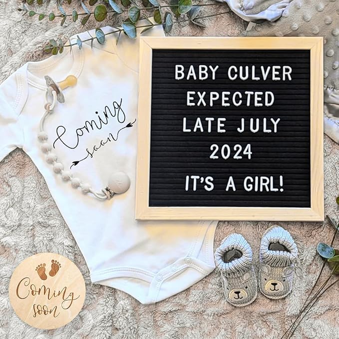 Pregnancy Announcement, Baby Announcement Ideas Set Include Felt Letter Board, Baby Onesie, Booties, Photo Frame, Wooden Sign and Bear Plush, Pregnancy Announcement Photo Props Coming Soon Baby Announcement